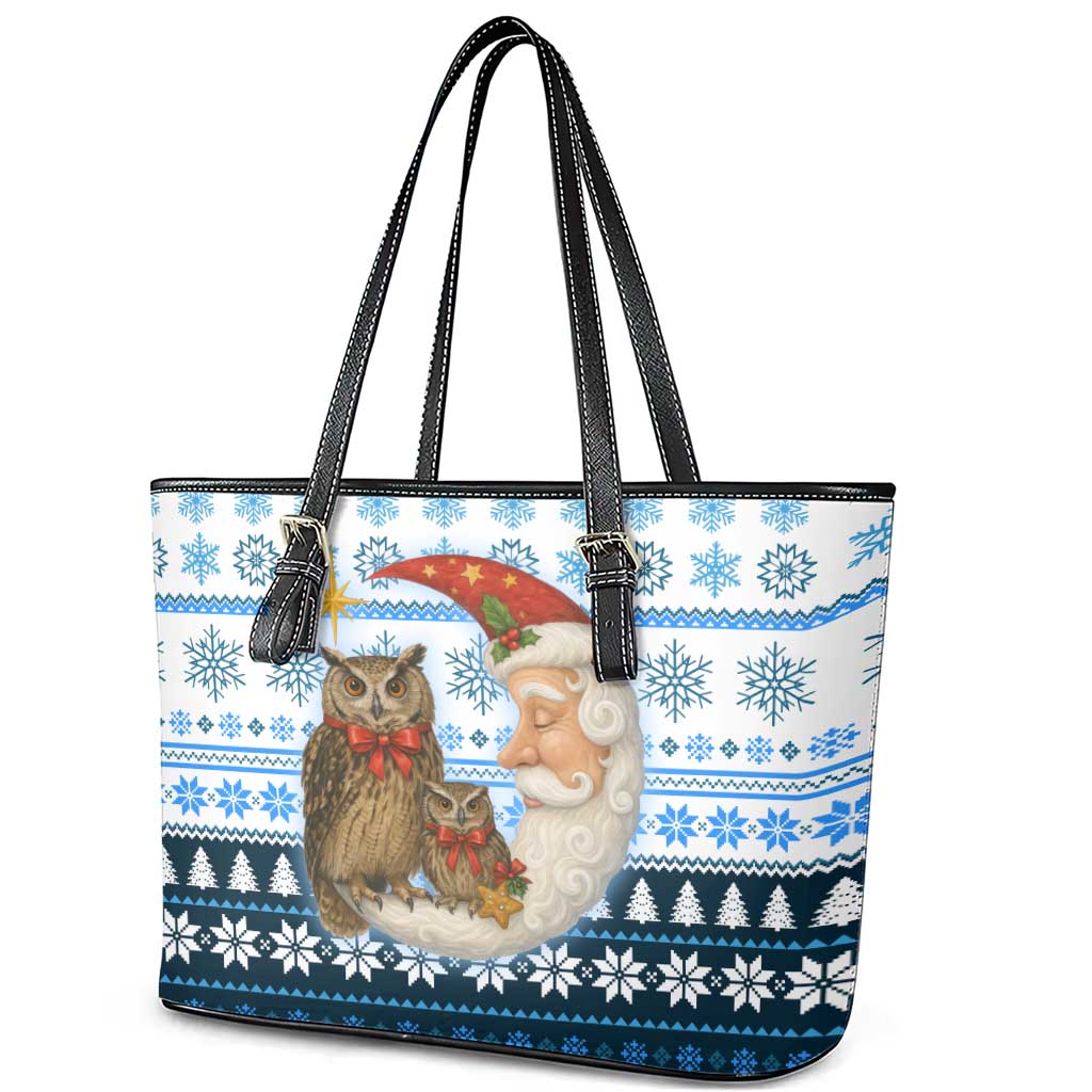 Owl Love Santa Moon Christmas Leather Tote Bag Xmas Holiday Patterns - Wonder Print Shop
