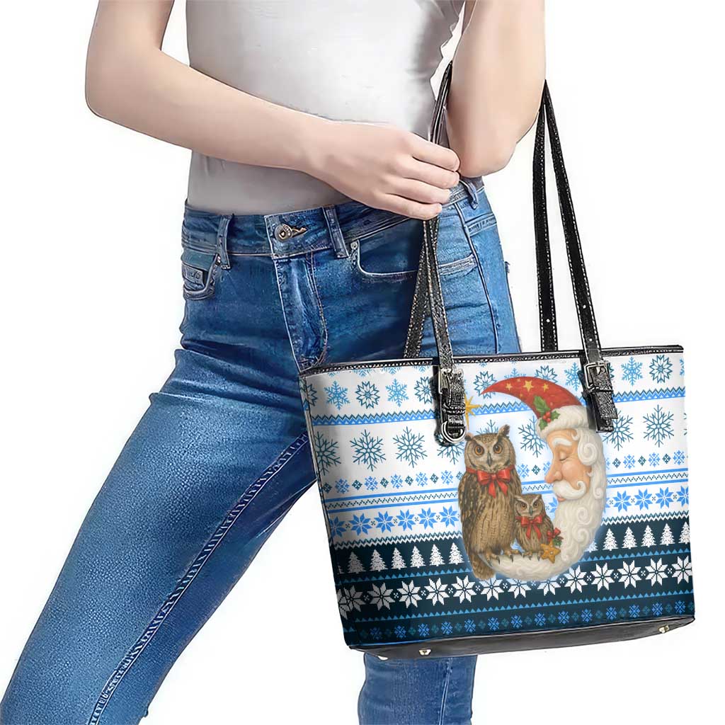 Owl Love Santa Moon Christmas Leather Tote Bag Xmas Holiday Patterns - Wonder Print Shop