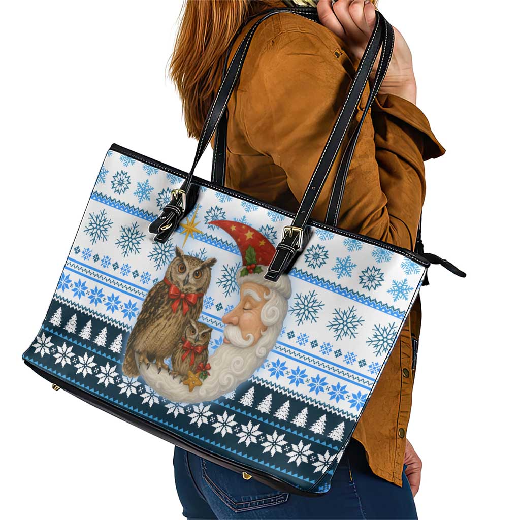 Owl Love Santa Moon Christmas Leather Tote Bag Xmas Holiday Patterns - Wonder Print Shop