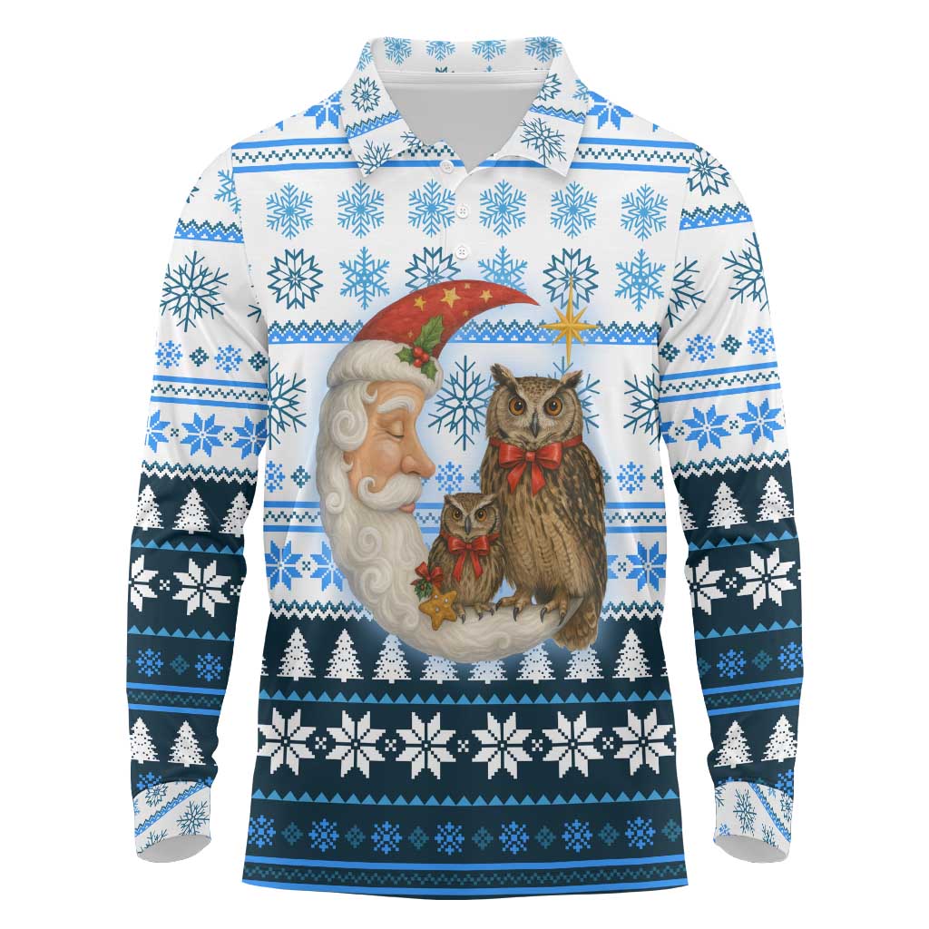 Owl Love Santa Moon Christmas Long Sleeve Polo Shirt Xmas Holiday Patterns - Wonder Print Shop