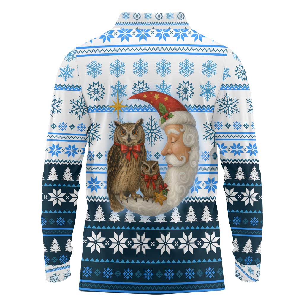 Owl Love Santa Moon Christmas Long Sleeve Polo Shirt Xmas Holiday Patterns - Wonder Print Shop