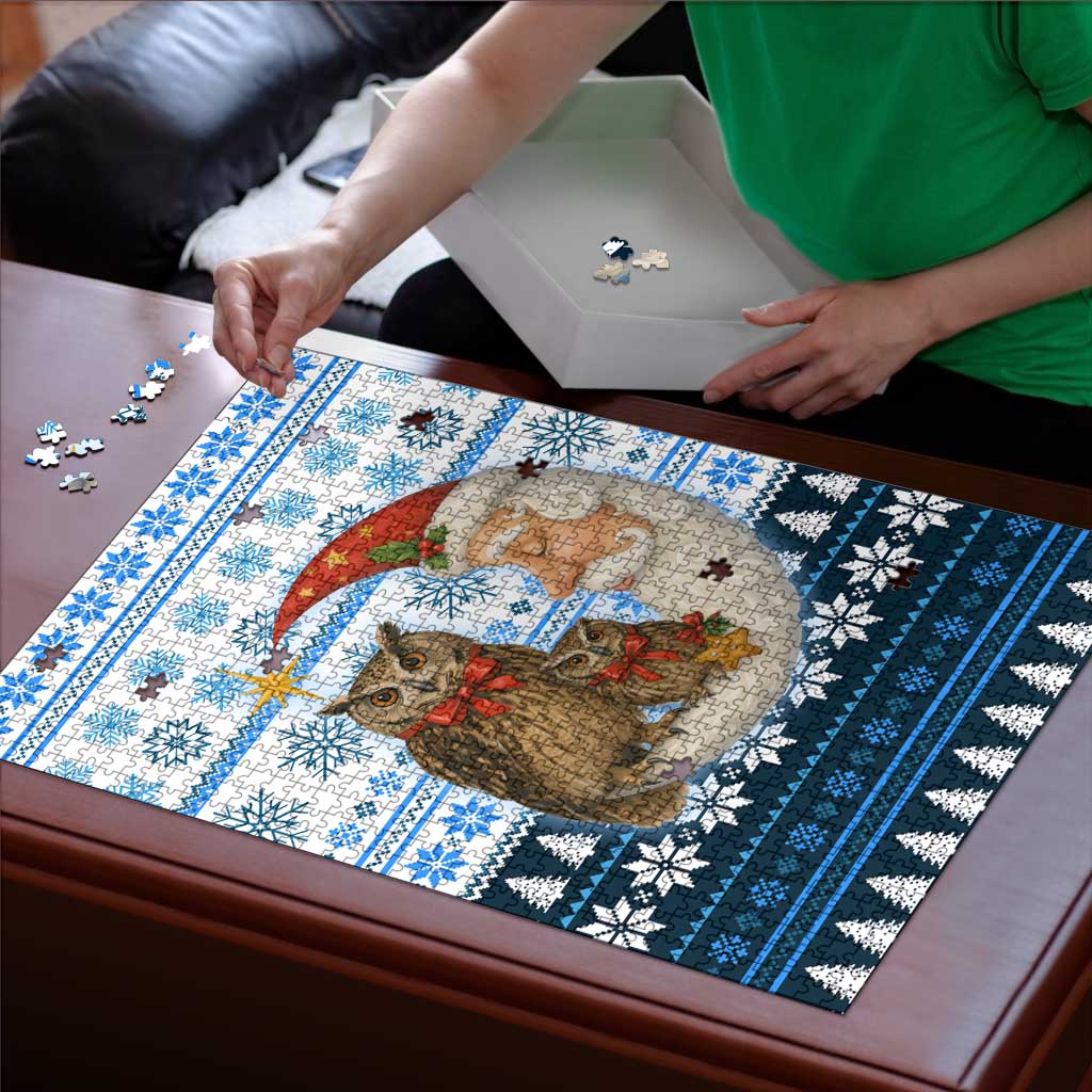 Owl Love Santa Moon Christmas Puzzle Xmas Holiday Patterns - Wonder Print Shop