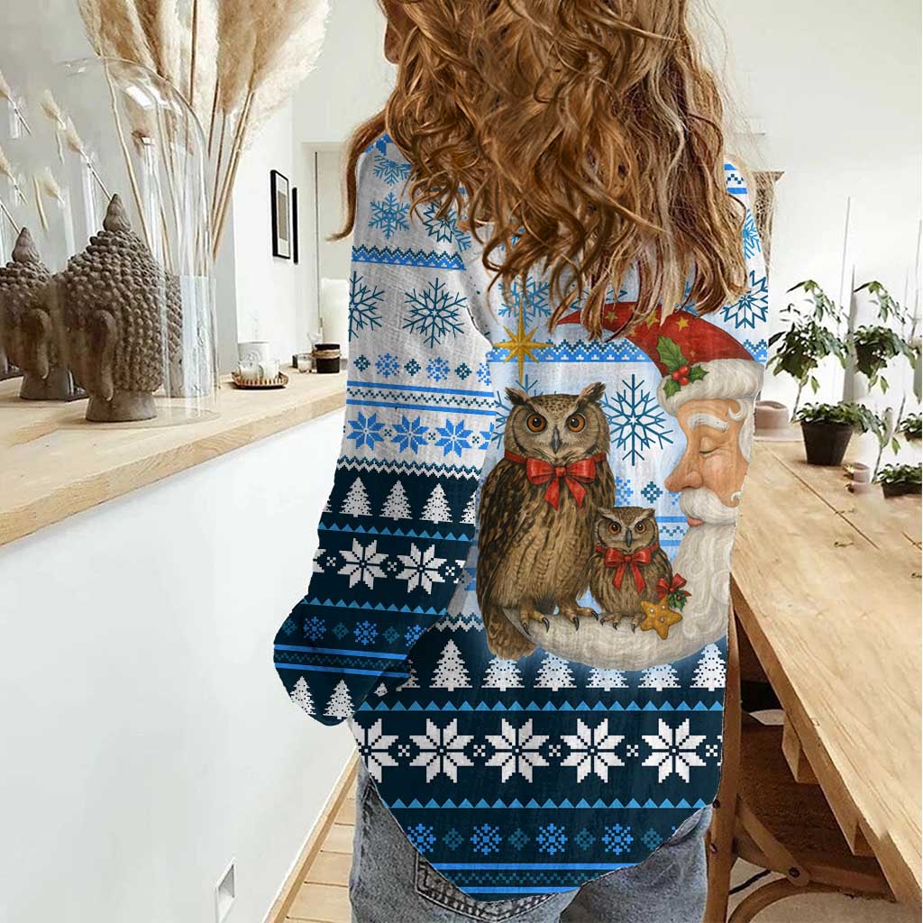 Owl Love Santa Moon Christmas Women Casual Shirt Xmas Holiday Patterns - Wonder Print Shop