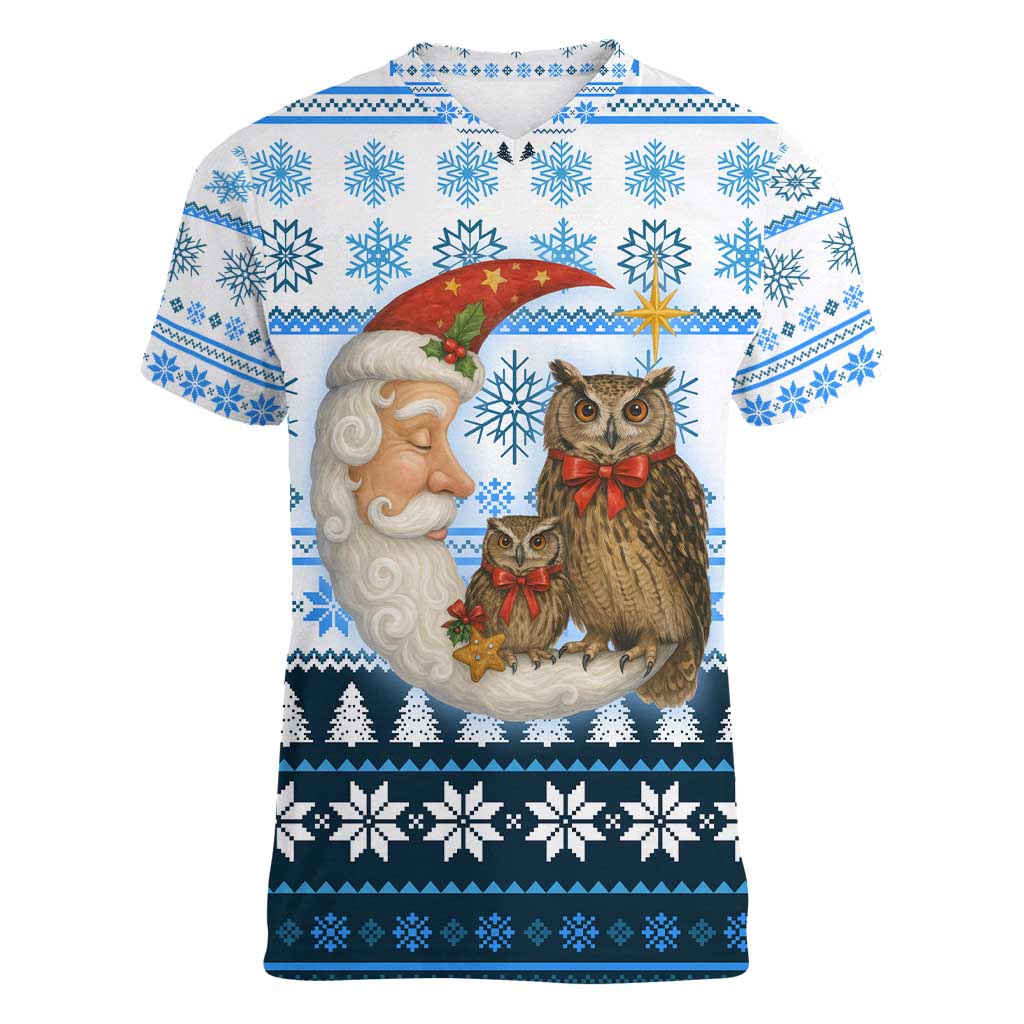Owl Love Santa Moon Christmas Women V-Neck T-Shirt Xmas Holiday Patterns - Wonder Print Shop