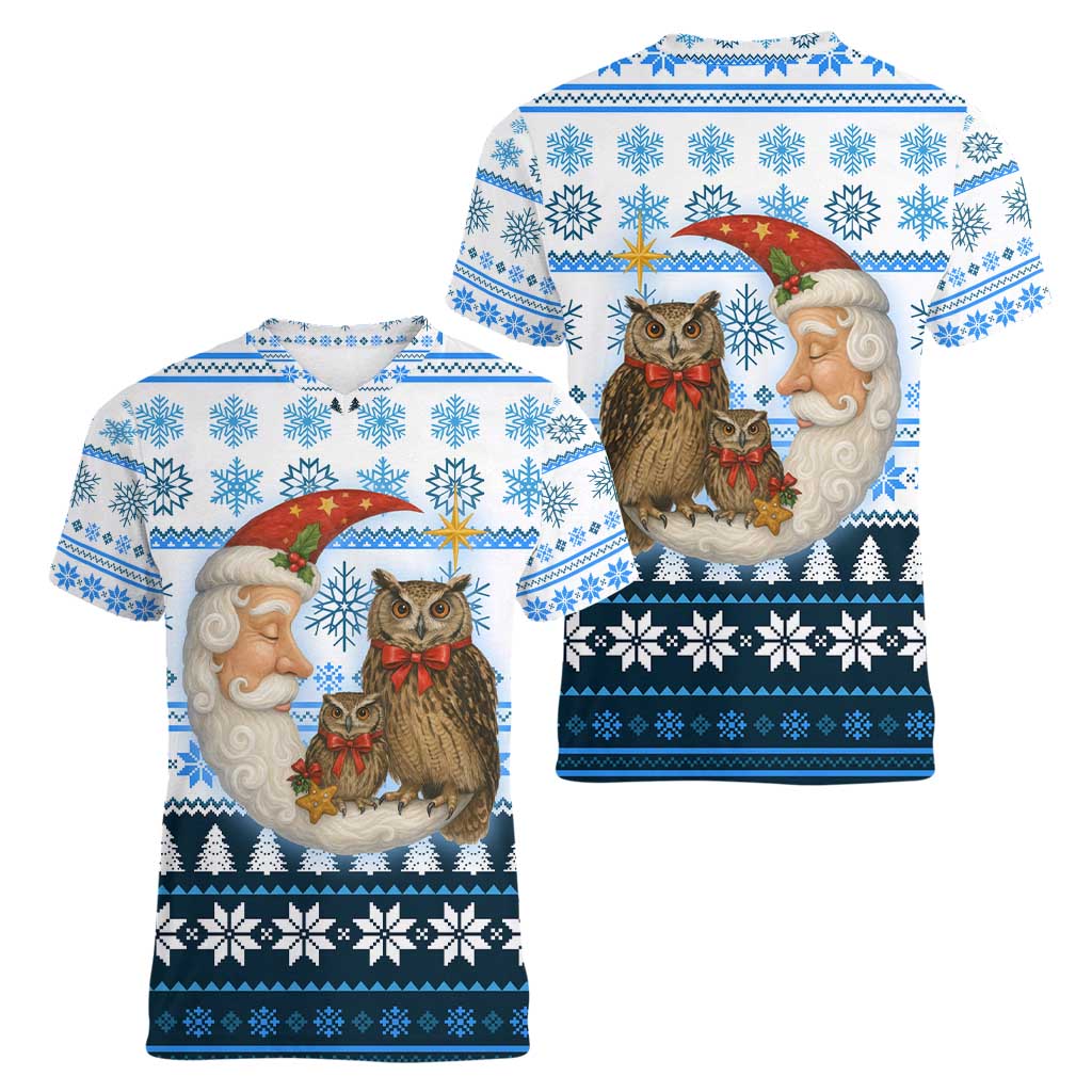 Owl Love Santa Moon Christmas Women V-Neck T-Shirt Xmas Holiday Patterns - Wonder Print Shop