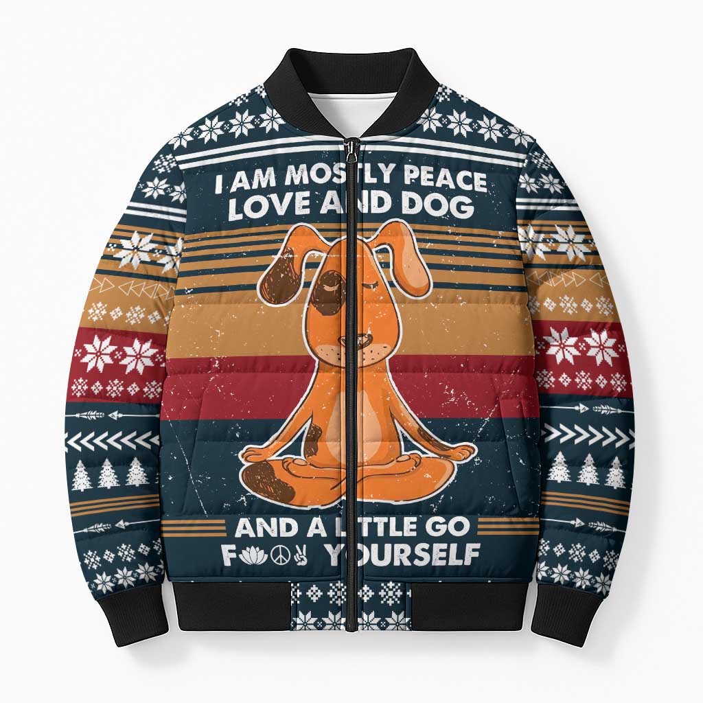 Peace Love And Dog Christmas Bomber Puffer Jacket Xmas Holiday Patterns - Wonder Print Shop