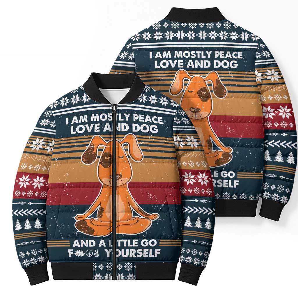 Peace Love And Dog Christmas Bomber Puffer Jacket Xmas Holiday Patterns - Wonder Print Shop