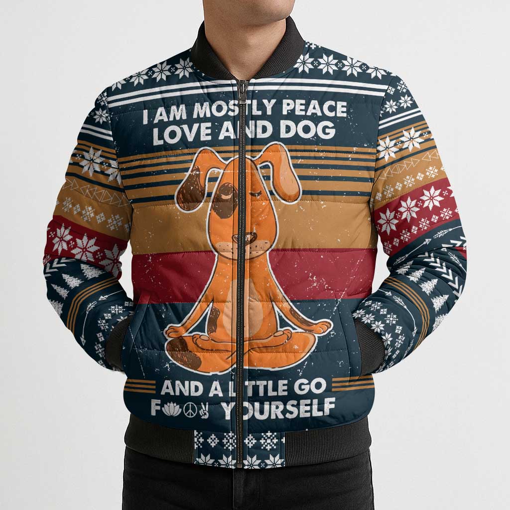 Peace Love And Dog Christmas Bomber Puffer Jacket Xmas Holiday Patterns - Wonder Print Shop