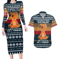 Peace Love And Dog Christmas Couples Matching Long Sleeve Bodycon Dress and Hawaiian Shirt Xmas Holiday Patterns - Wonder Print Shop