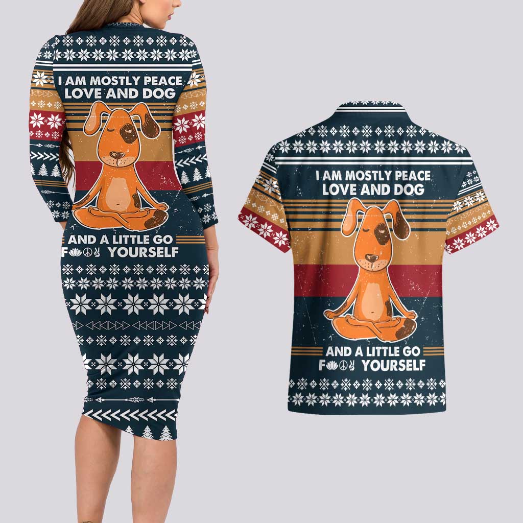 Peace Love And Dog Christmas Couples Matching Long Sleeve Bodycon Dress and Hawaiian Shirt Xmas Holiday Patterns - Wonder Print Shop