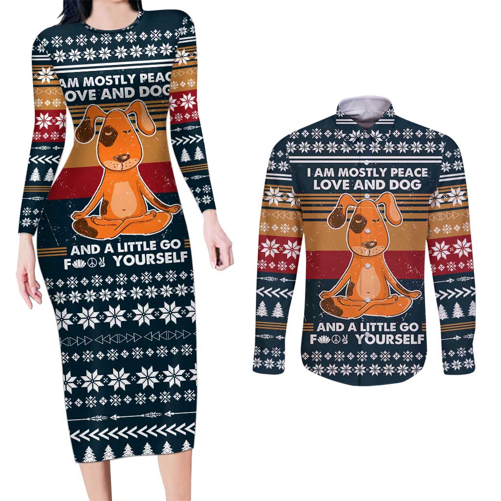 Peace Love And Dog Christmas Couples Matching Long Sleeve Bodycon Dress and Long Sleeve Button Shirt Xmas Holiday Patterns - Wonder Print Shop