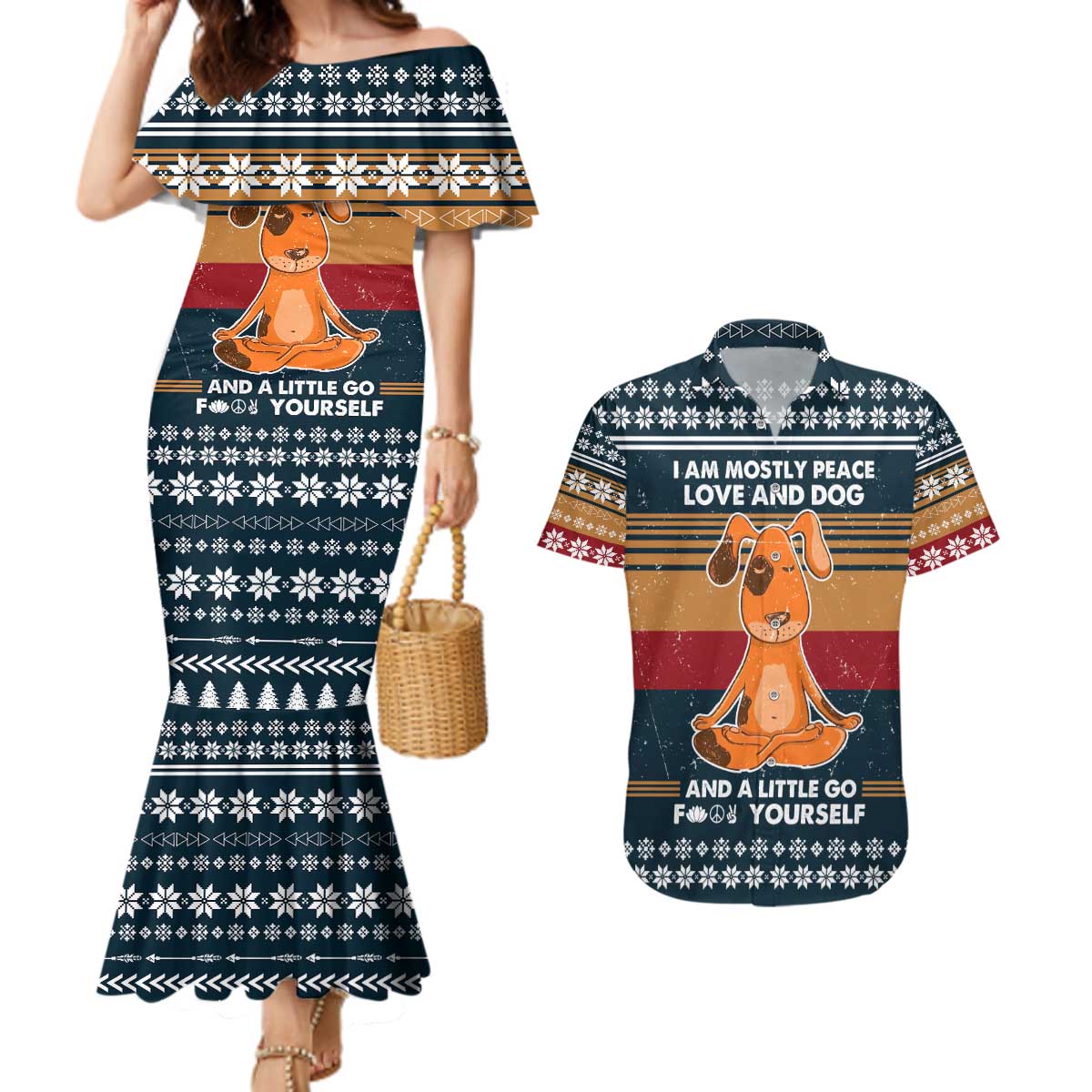 Peace Love And Dog Christmas Couples Matching Mermaid Dress and Hawaiian Shirt Xmas Holiday Patterns - Wonder Print Shop