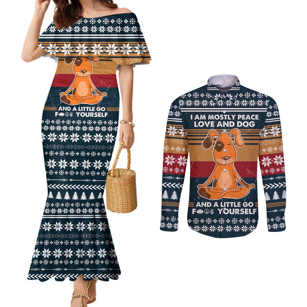 Peace Love And Dog Christmas Couples Matching Mermaid Dress and Long Sleeve Button Shirt Xmas Holiday Patterns - Wonder Print Shop