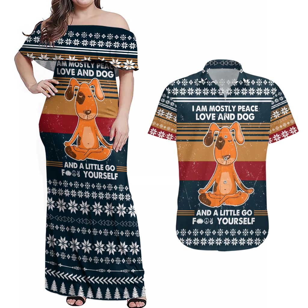 Peace Love And Dog Christmas Couples Matching Off Shoulder Maxi Dress and Hawaiian Shirt Xmas Holiday Patterns - Wonder Print Shop
