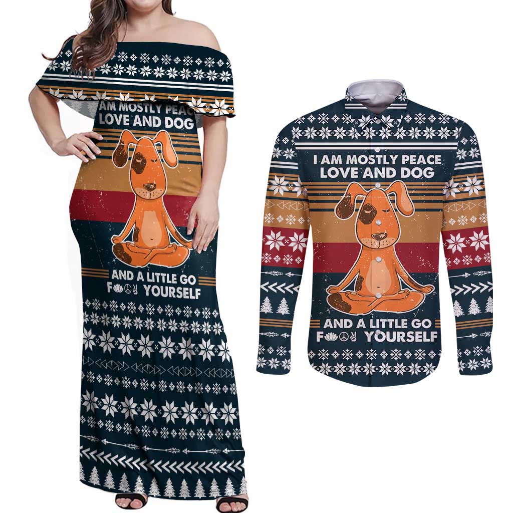 Peace Love And Dog Christmas Couples Matching Off Shoulder Maxi Dress and Long Sleeve Button Shirt Xmas Holiday Patterns - Wonder Print Shop