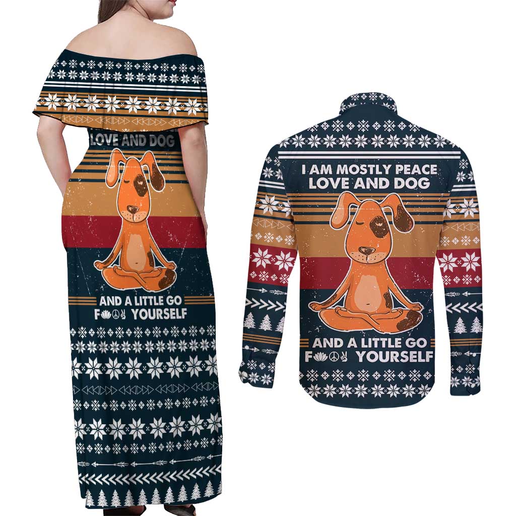 Peace Love And Dog Christmas Couples Matching Off Shoulder Maxi Dress and Long Sleeve Button Shirt Xmas Holiday Patterns - Wonder Print Shop