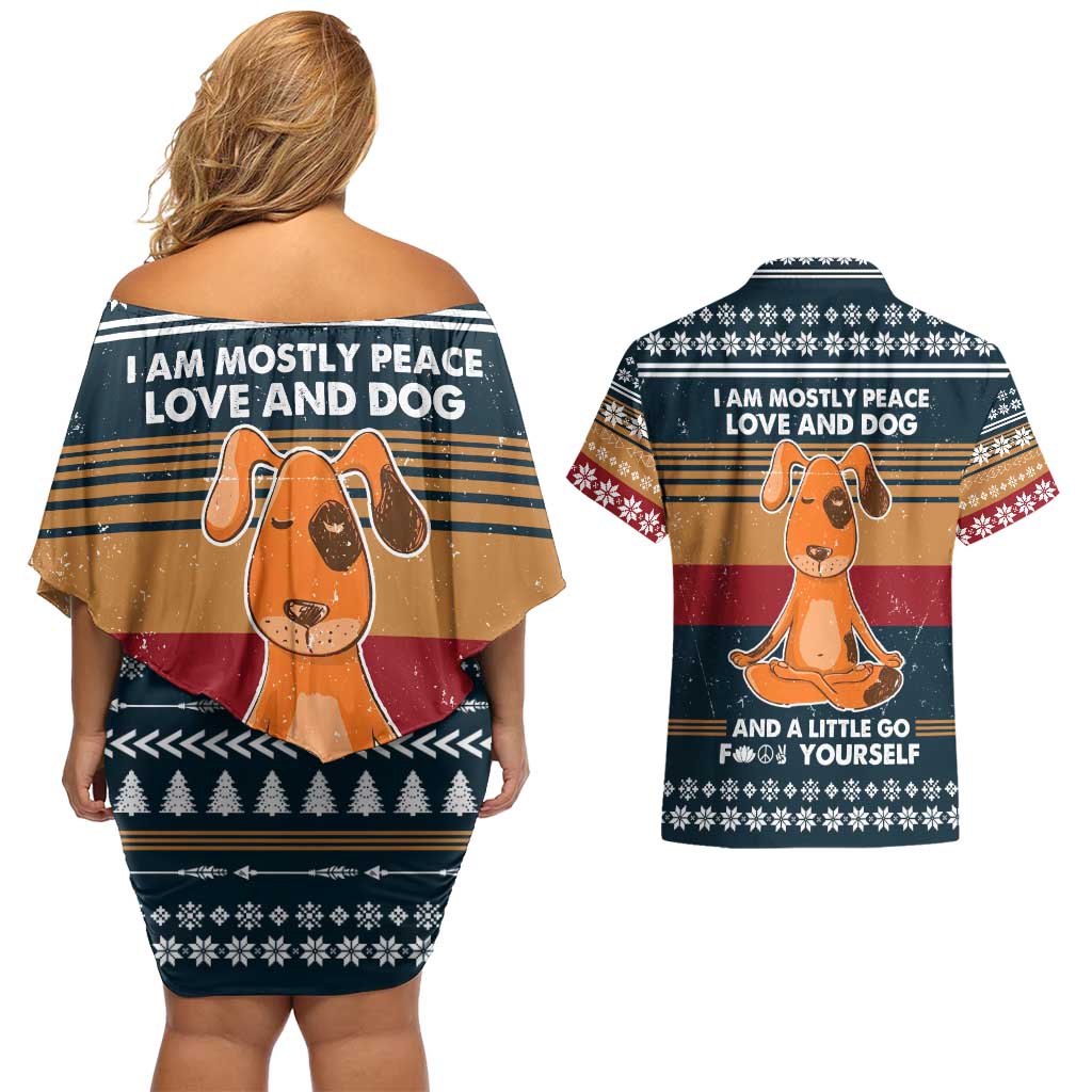 Peace Love And Dog Christmas Couples Matching Off Shoulder Short Dress and Hawaiian Shirt Xmas Holiday Patterns - Wonder Print Shop