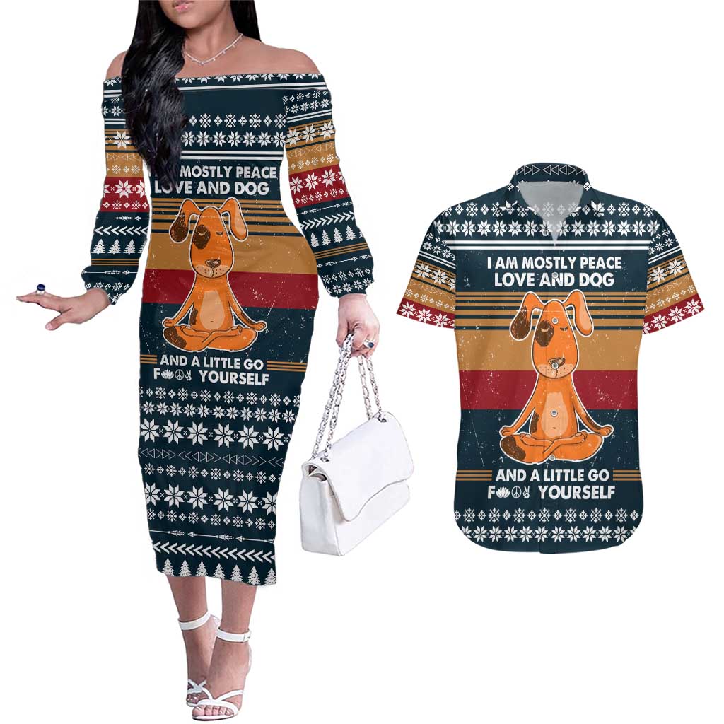 Peace Love And Dog Christmas Couples Matching Off The Shoulder Long Sleeve Dress and Hawaiian Shirt Xmas Holiday Patterns - Wonder Print Shop