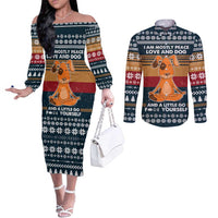 Peace Love And Dog Christmas Couples Matching Off The Shoulder Long Sleeve Dress and Long Sleeve Button Shirt Xmas Holiday Patterns - Wonder Print Shop