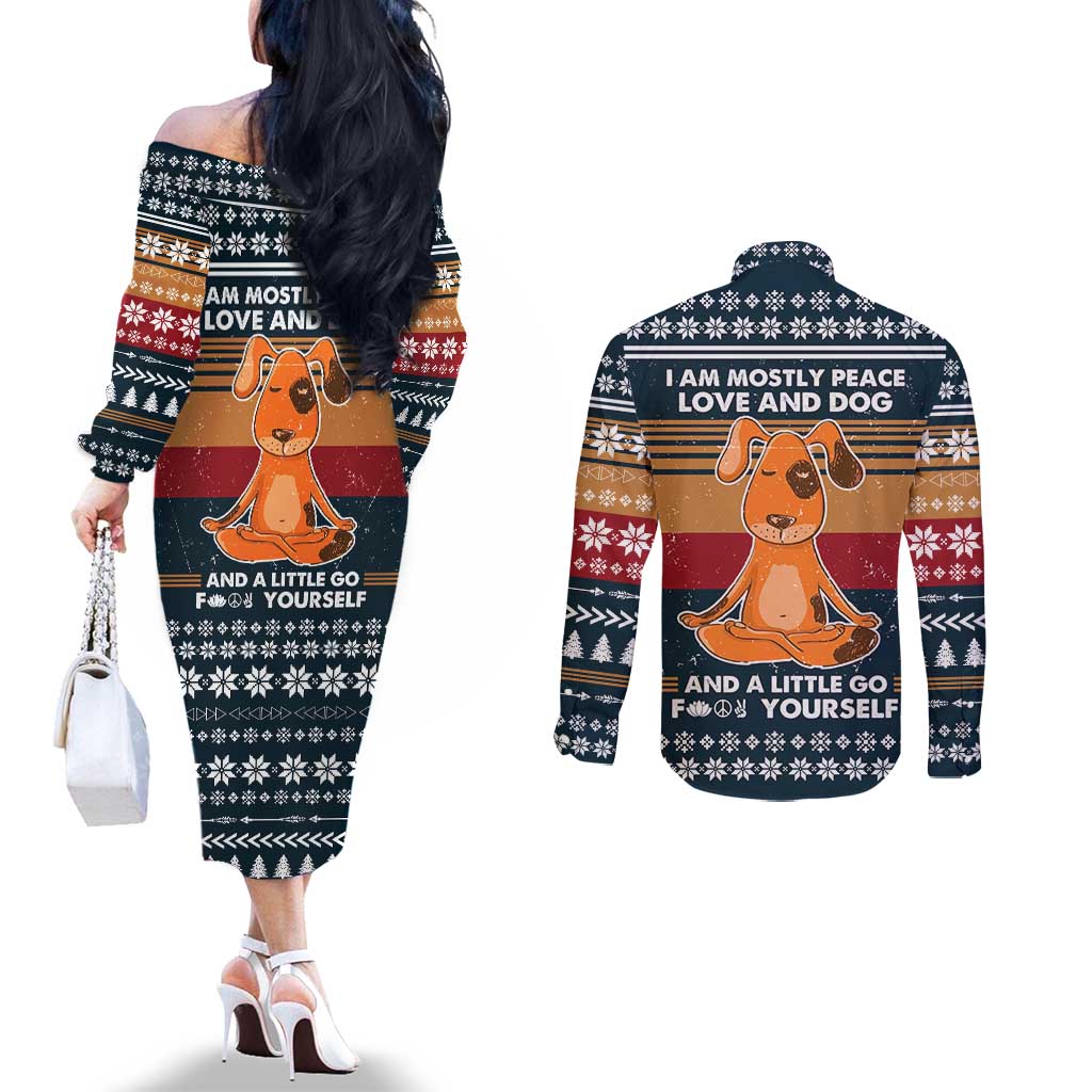 Peace Love And Dog Christmas Couples Matching Off The Shoulder Long Sleeve Dress and Long Sleeve Button Shirt Xmas Holiday Patterns - Wonder Print Shop
