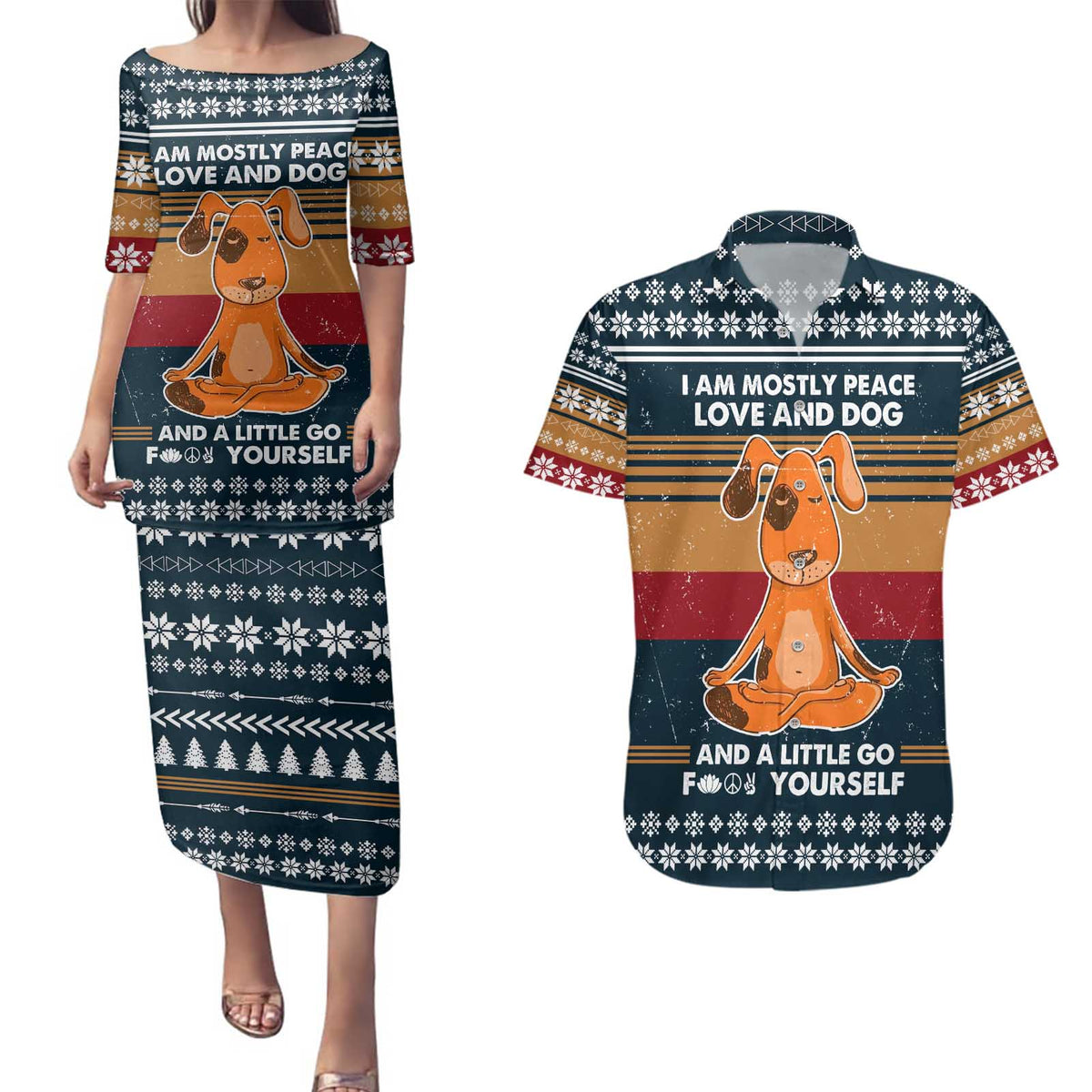 Peace Love And Dog Christmas Couples Matching Puletasi and Hawaiian Shirt Xmas Holiday Patterns - Wonder Print Shop