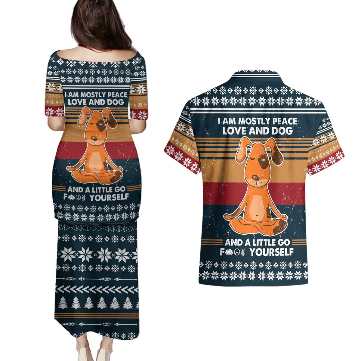 Peace Love And Dog Christmas Couples Matching Puletasi and Hawaiian Shirt Xmas Holiday Patterns - Wonder Print Shop