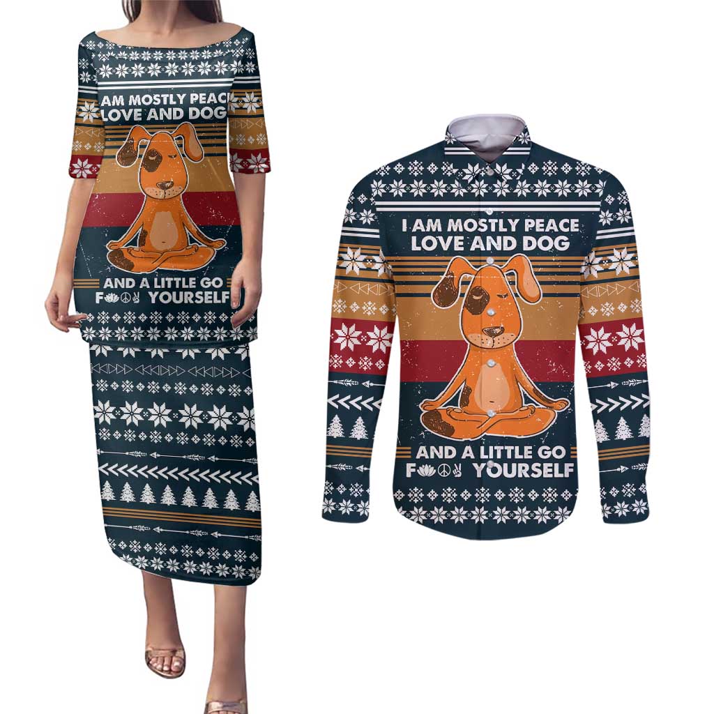 Peace Love And Dog Christmas Couples Matching Puletasi and Long Sleeve Button Shirt Xmas Holiday Patterns - Wonder Print Shop