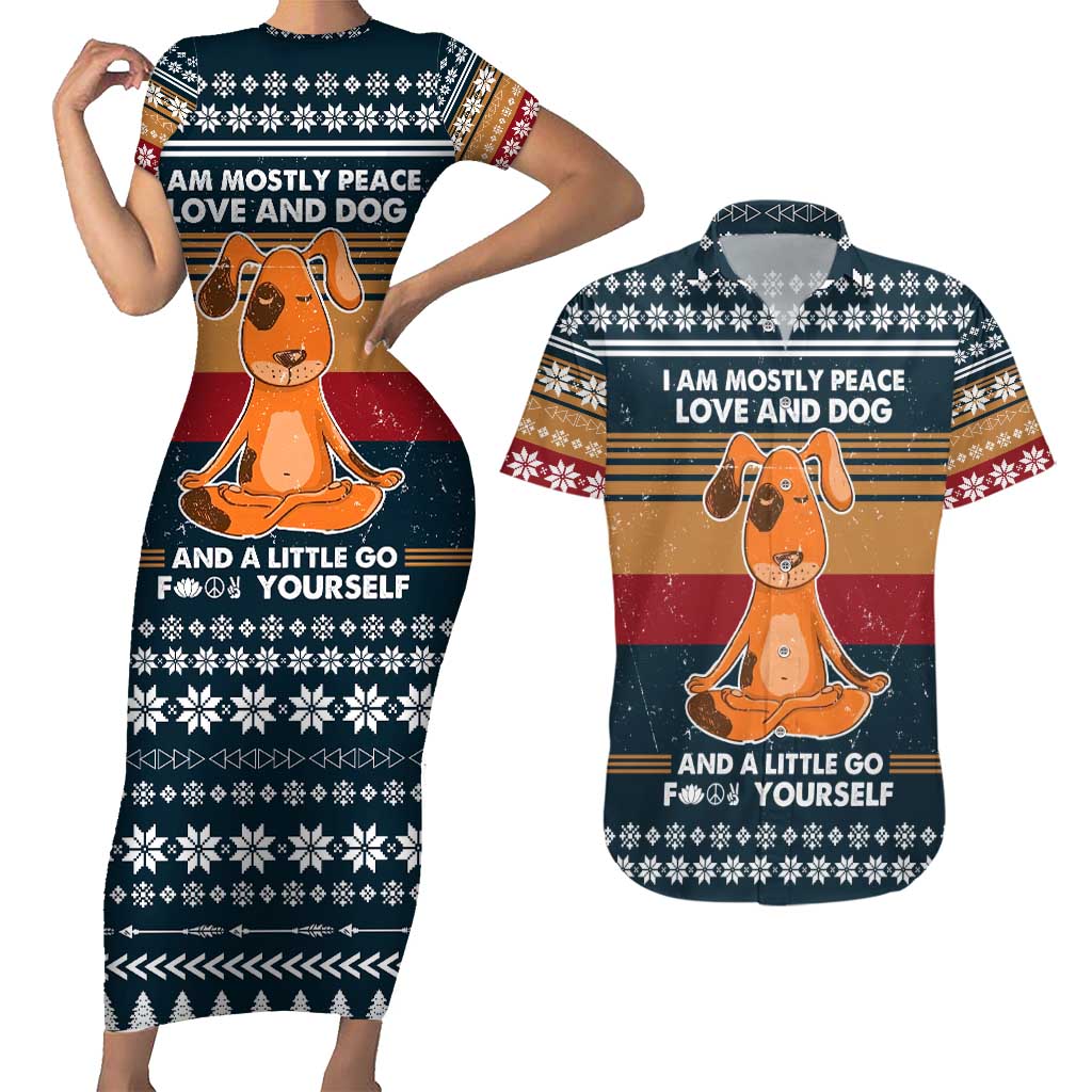 Peace Love And Dog Christmas Couples Matching Short Sleeve Bodycon Dress and Hawaiian Shirt Xmas Holiday Patterns - Wonder Print Shop
