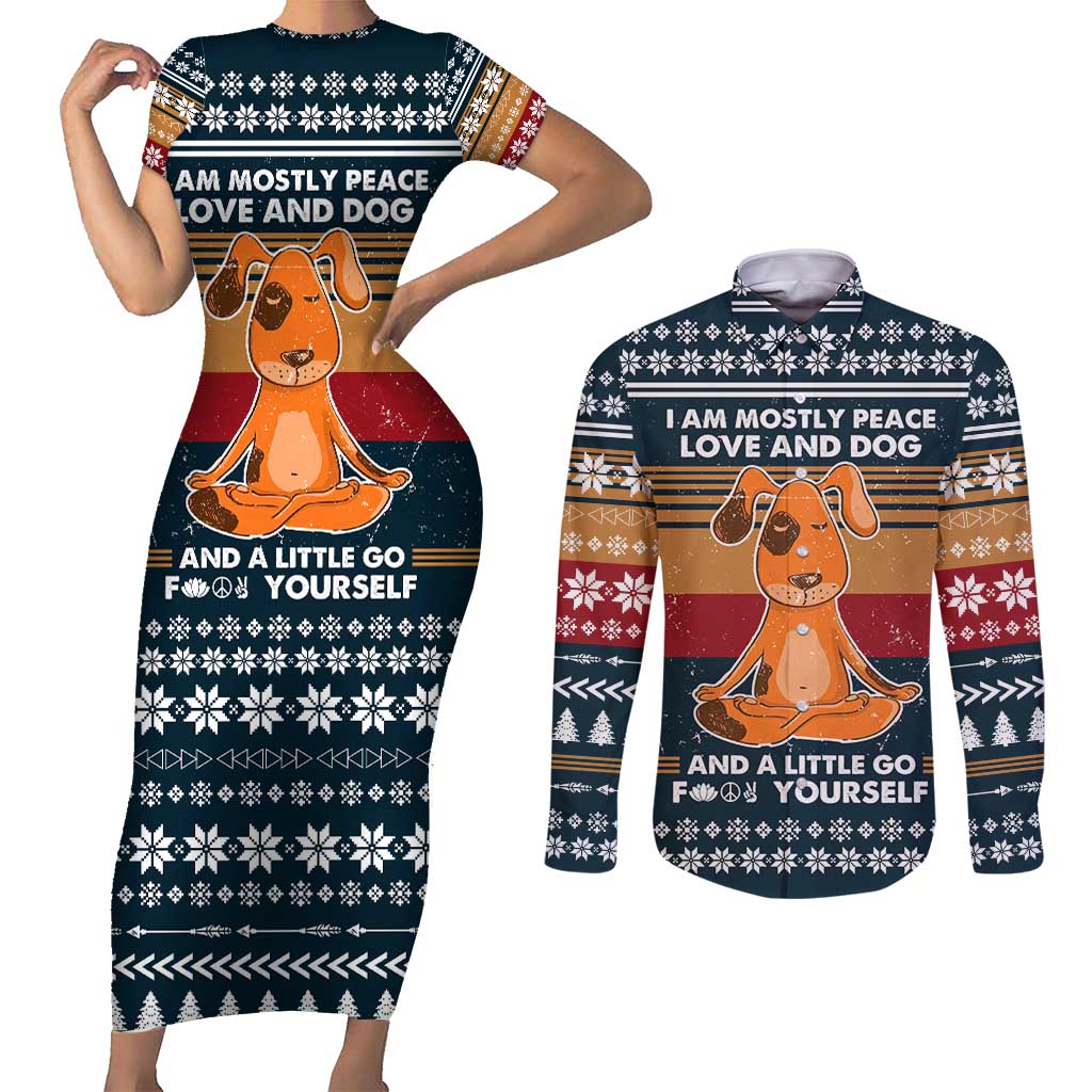 Peace Love And Dog Christmas Couples Matching Short Sleeve Bodycon Dress and Long Sleeve Button Shirt Xmas Holiday Patterns - Wonder Print Shop