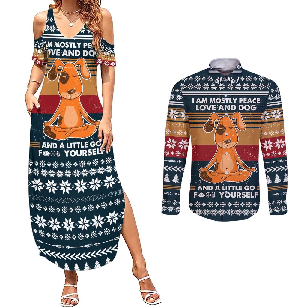 Peace Love And Dog Christmas Couples Matching Summer Maxi Dress and Long Sleeve Button Shirt Xmas Holiday Patterns - Wonder Print Shop