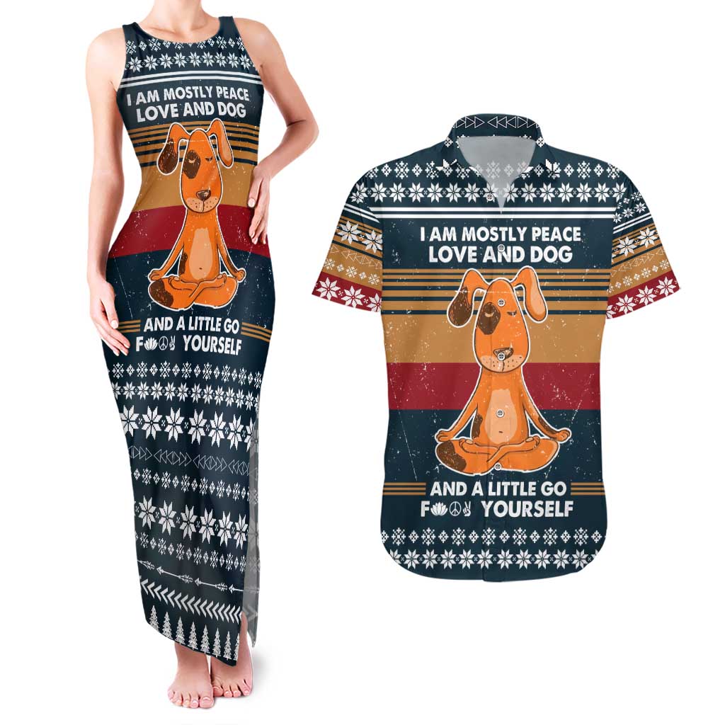 Peace Love And Dog Christmas Couples Matching Tank Maxi Dress and Hawaiian Shirt Xmas Holiday Patterns - Wonder Print Shop