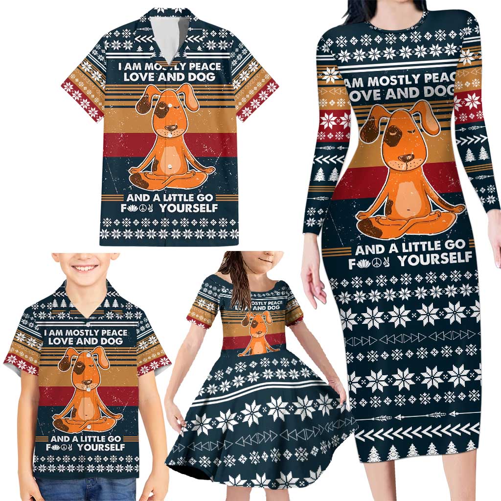 Peace Love And Dog Christmas Family Matching Long Sleeve Bodycon Dress and Hawaiian Shirt Xmas Holiday Patterns - Wonder Print Shop