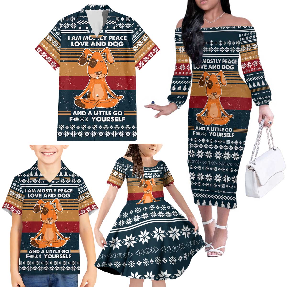 Peace Love And Dog Christmas Family Matching Off The Shoulder Long Sleeve Dress and Hawaiian Shirt Xmas Holiday Patterns - Wonder Print Shop