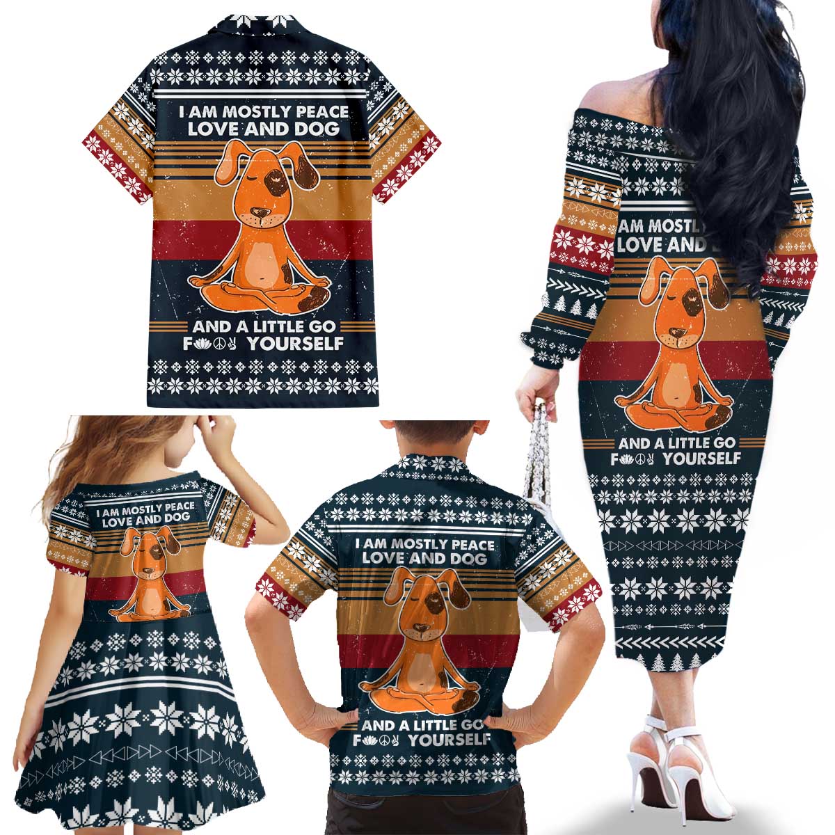 Peace Love And Dog Christmas Family Matching Off The Shoulder Long Sleeve Dress and Hawaiian Shirt Xmas Holiday Patterns - Wonder Print Shop