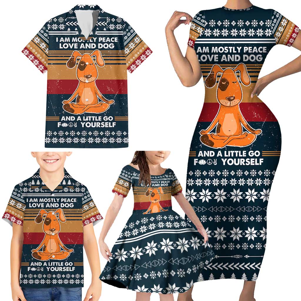 Peace Love And Dog Christmas Family Matching Short Sleeve Bodycon Dress and Hawaiian Shirt Xmas Holiday Patterns - Wonder Print Shop
