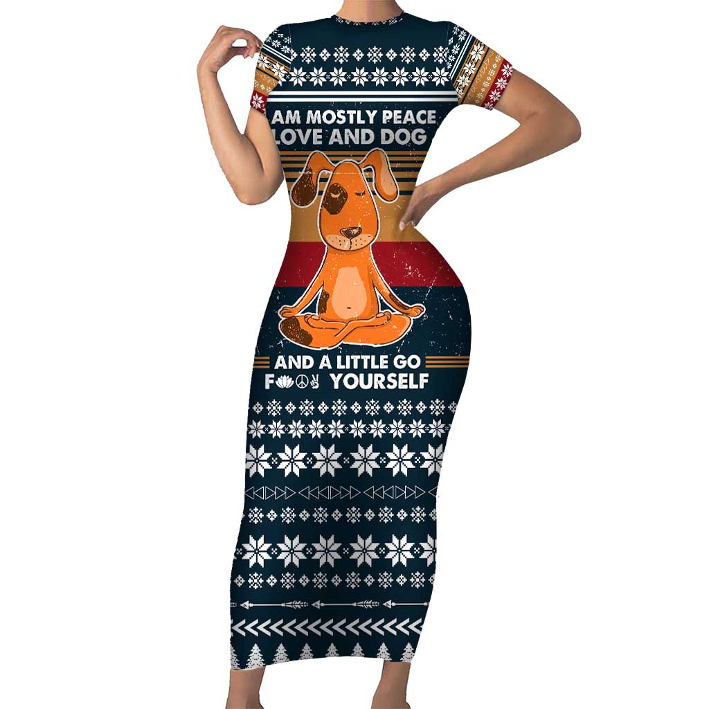 Peace Love And Dog Christmas Family Matching Short Sleeve Bodycon Dress and Hawaiian Shirt Xmas Holiday Patterns - Wonder Print Shop