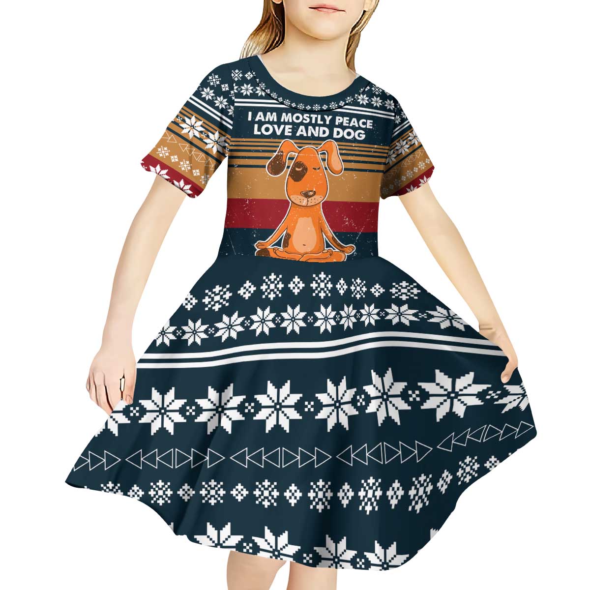 Peace Love And Dog Christmas Kid Short Sleeve Dress Xmas Holiday Patterns - Wonder Print Shop