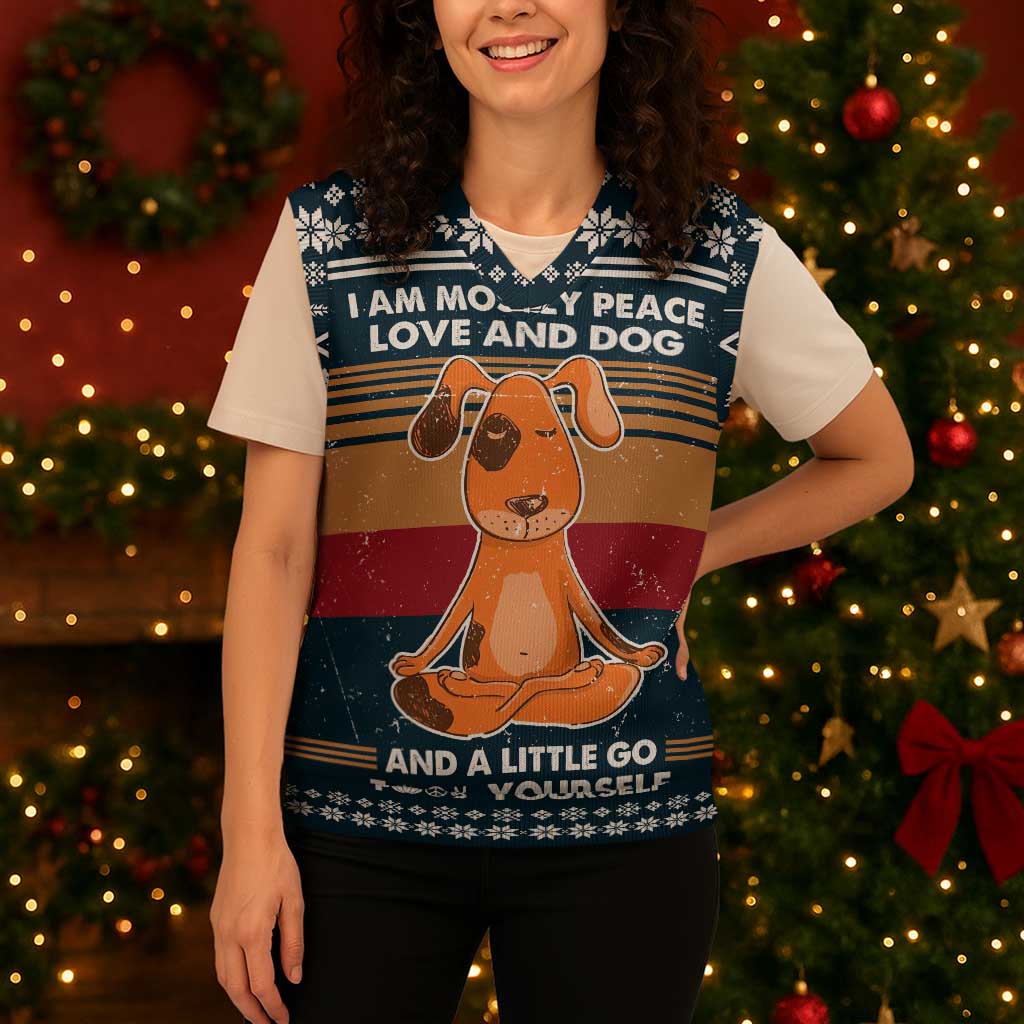 Peace Love And Dog Christmas Knitted V-Neck Vest Xmas Holiday Patterns - Wonder Print Shop