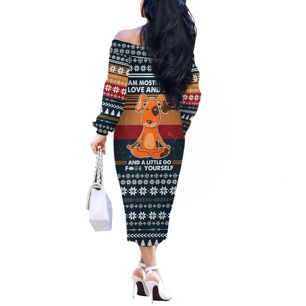 Peace Love And Dog Christmas Off The Shoulder Long Sleeve Dress Xmas Holiday Patterns - Wonder Print Shop