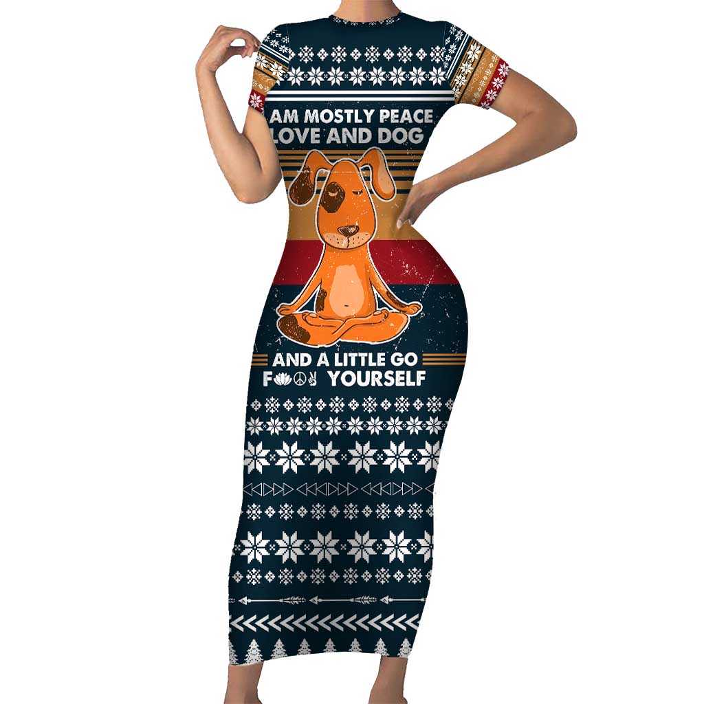 Peace Love And Dog Christmas Short Sleeve Bodycon Dress Xmas Holiday Patterns - Wonder Print Shop
