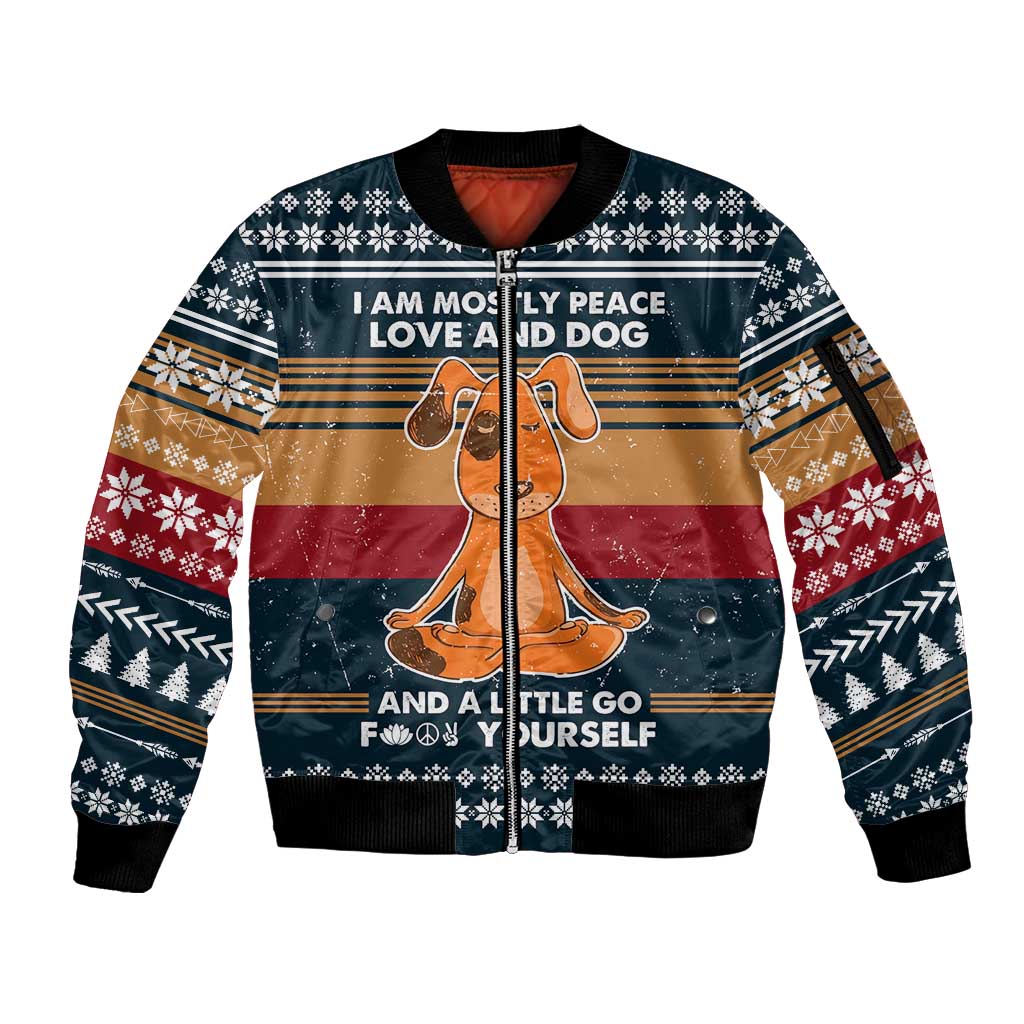 Peace Love And Dog Christmas Sleeve Zip Bomber Jacket Xmas Holiday Patterns - Wonder Print Shop