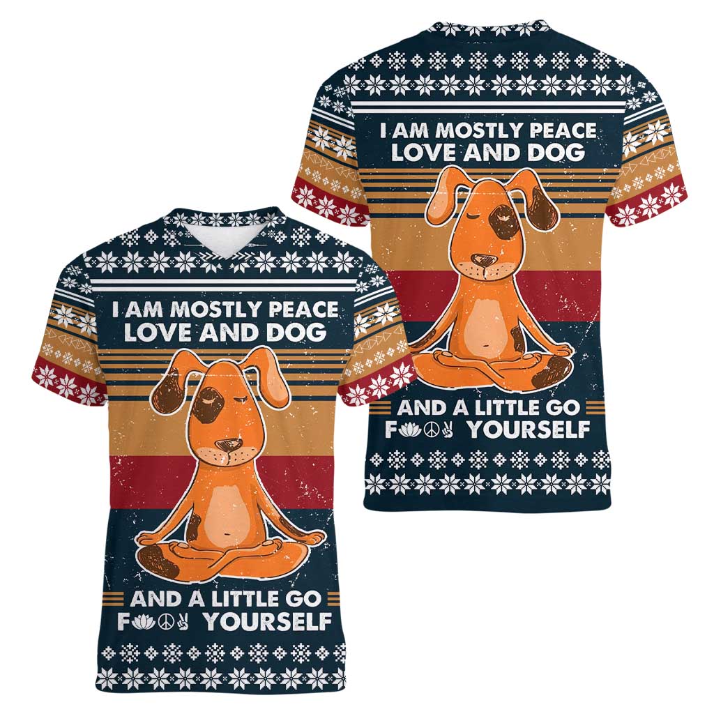 Peace Love And Dog Christmas Women V-Neck T-Shirt Xmas Holiday Patterns - Wonder Print Shop