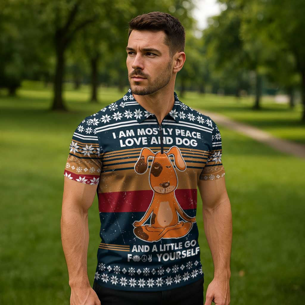 Peace Love And Dog Christmas Zipper Polo Shirt Xmas Holiday Patterns - Wonder Print Shop