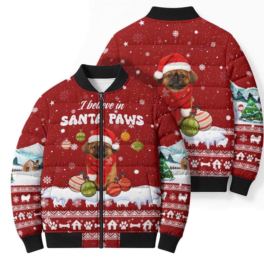 Pekingese Dog I Believe In Santa Paws Christmas Bomber Puffer Jacket Xmas Holiday Patterns - Wonder Print Shop