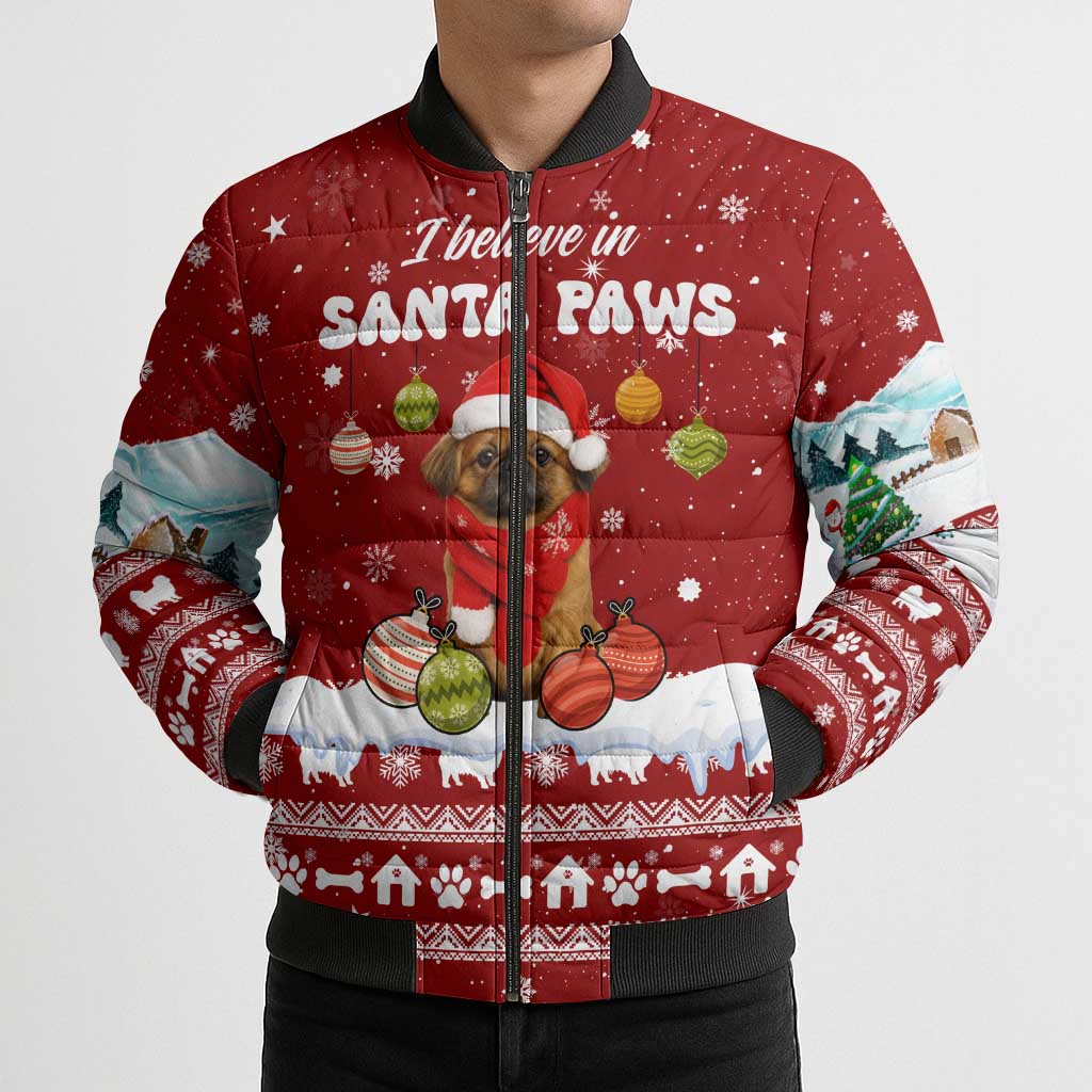 Pekingese Dog I Believe In Santa Paws Christmas Bomber Puffer Jacket Xmas Holiday Patterns - Wonder Print Shop