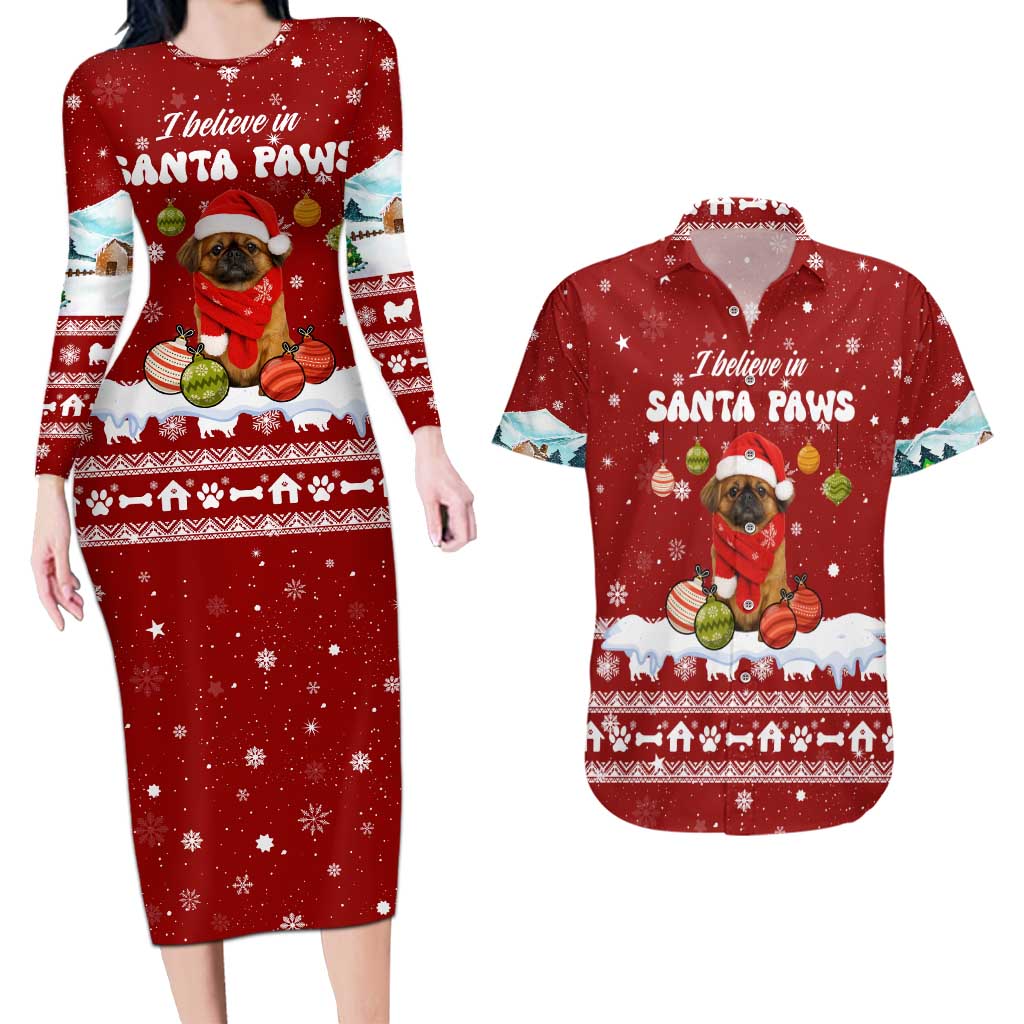 Pekingese Dog I Believe In Santa Paws Christmas Couples Matching Long Sleeve Bodycon Dress and Hawaiian Shirt Xmas Holiday Patterns - Wonder Print Shop