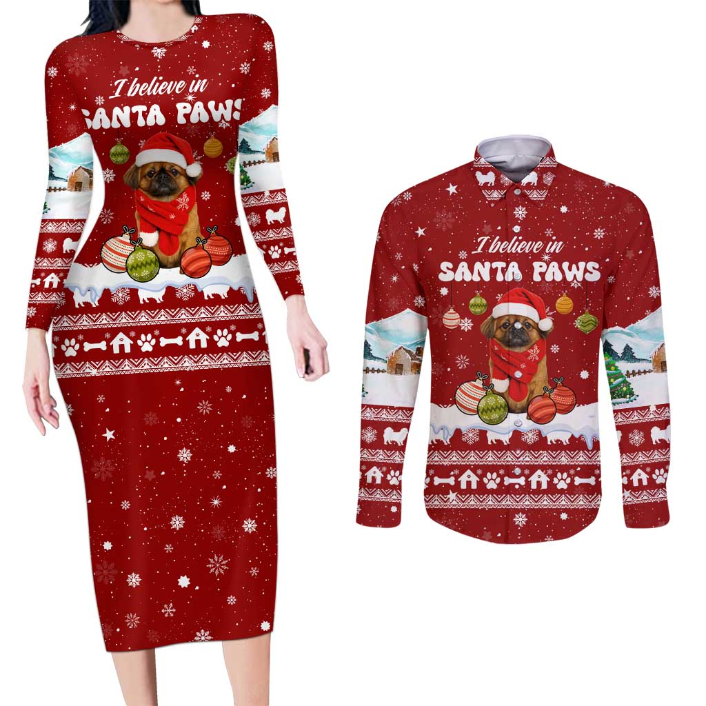 Pekingese Dog I Believe In Santa Paws Christmas Couples Matching Long Sleeve Bodycon Dress and Long Sleeve Button Shirt Xmas Holiday Patterns - Wonder Print Shop