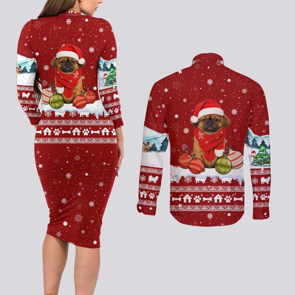 Pekingese Dog I Believe In Santa Paws Christmas Couples Matching Long Sleeve Bodycon Dress and Long Sleeve Button Shirt Xmas Holiday Patterns - Wonder Print Shop