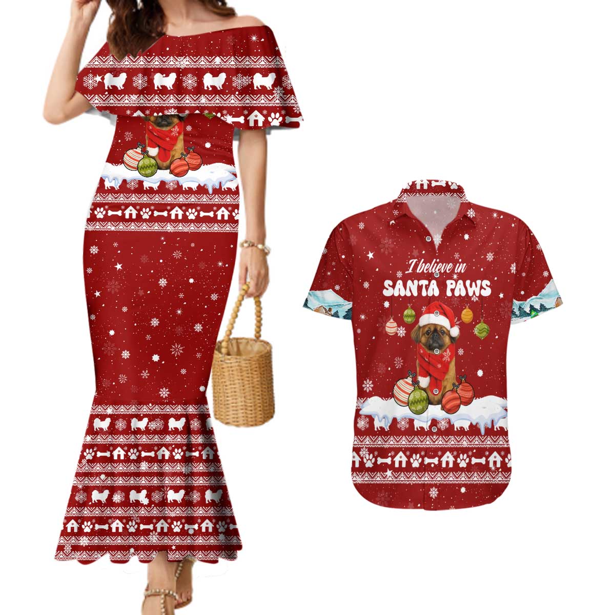 Pekingese Dog I Believe In Santa Paws Christmas Couples Matching Mermaid Dress and Hawaiian Shirt Xmas Holiday Patterns - Wonder Print Shop