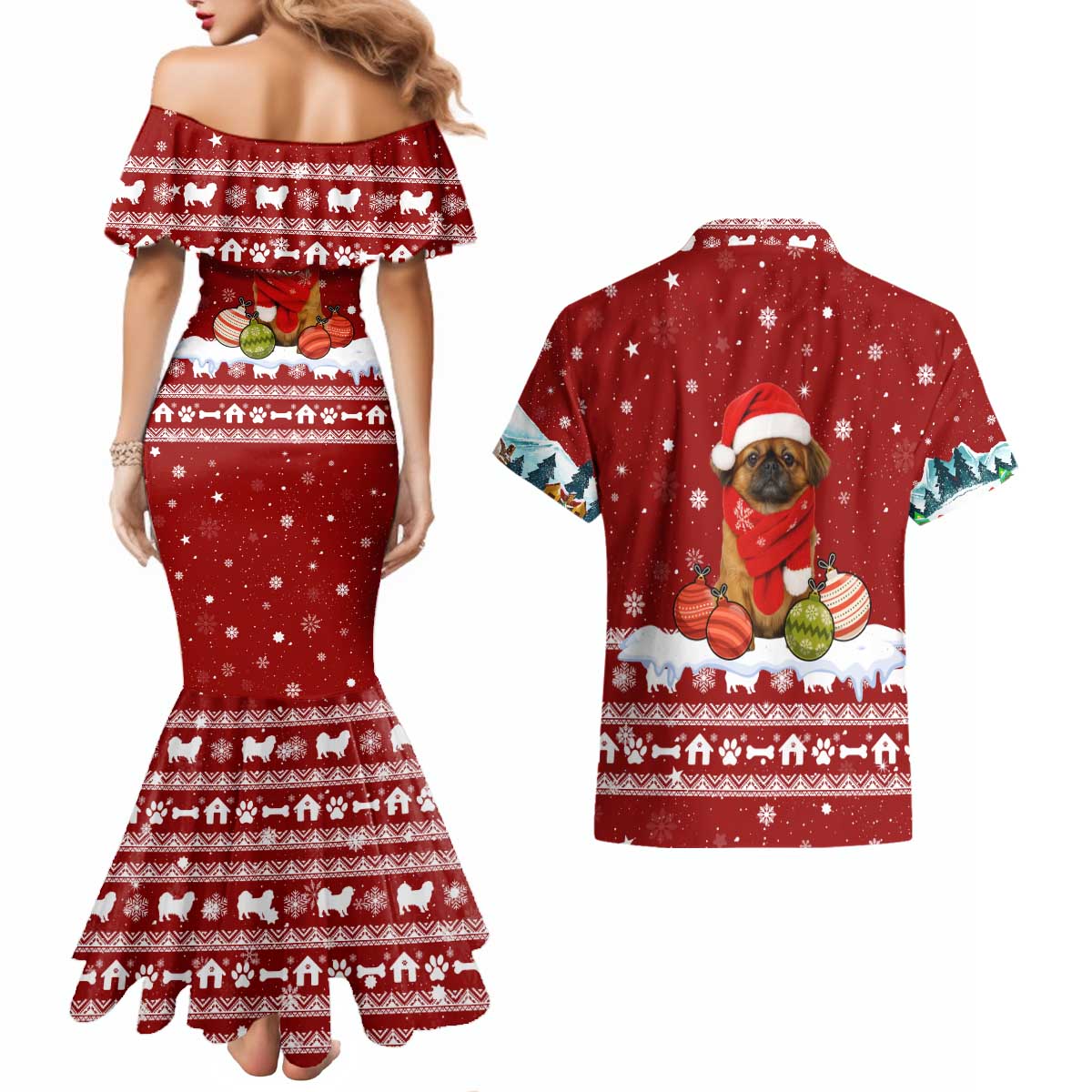 Pekingese Dog I Believe In Santa Paws Christmas Couples Matching Mermaid Dress and Hawaiian Shirt Xmas Holiday Patterns - Wonder Print Shop
